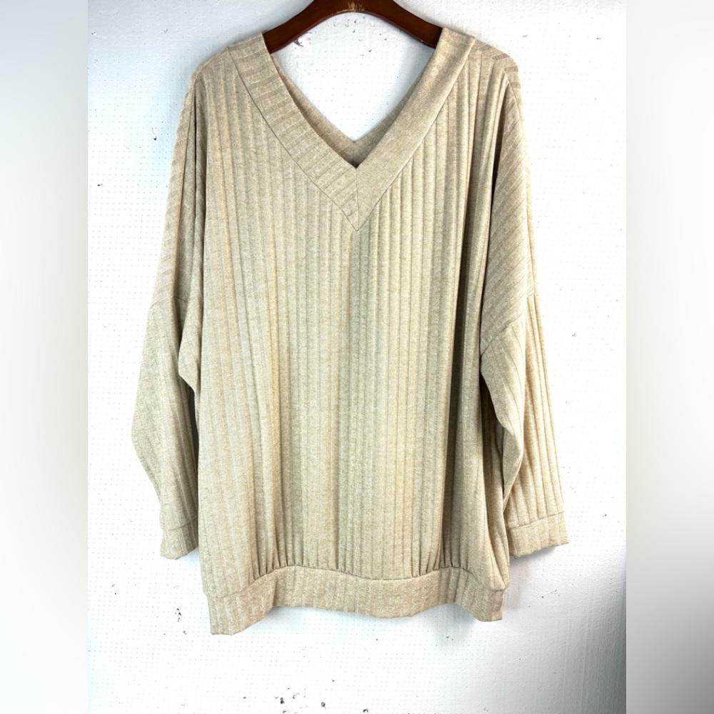 P & Rose 3X Ribbed V-Neck Oatmeal Brushed Casual Top NWT